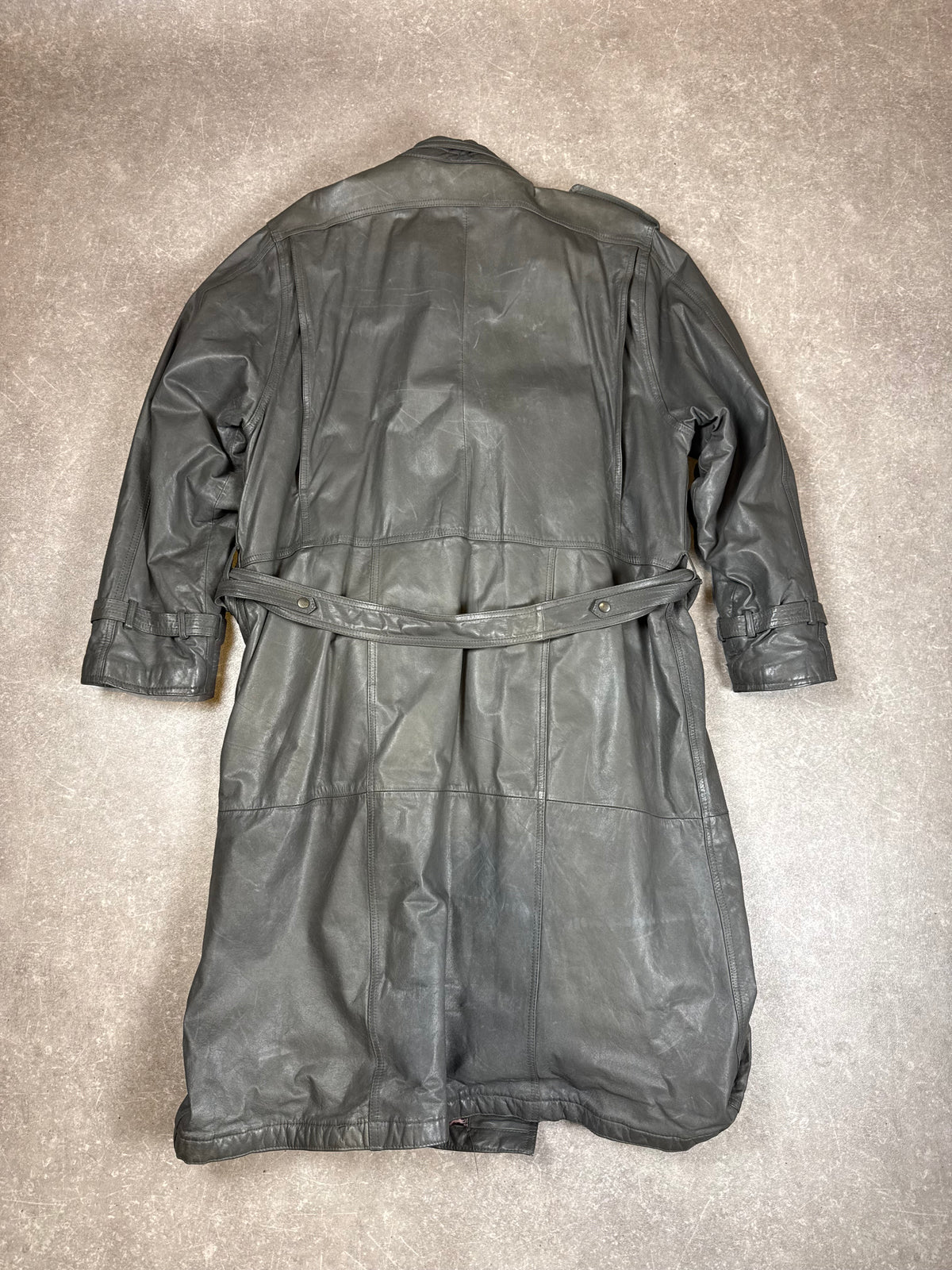 Vintage Herren Ledermantel Gr. 54 Grau Echtleder Trenchcoat mit Gürtel