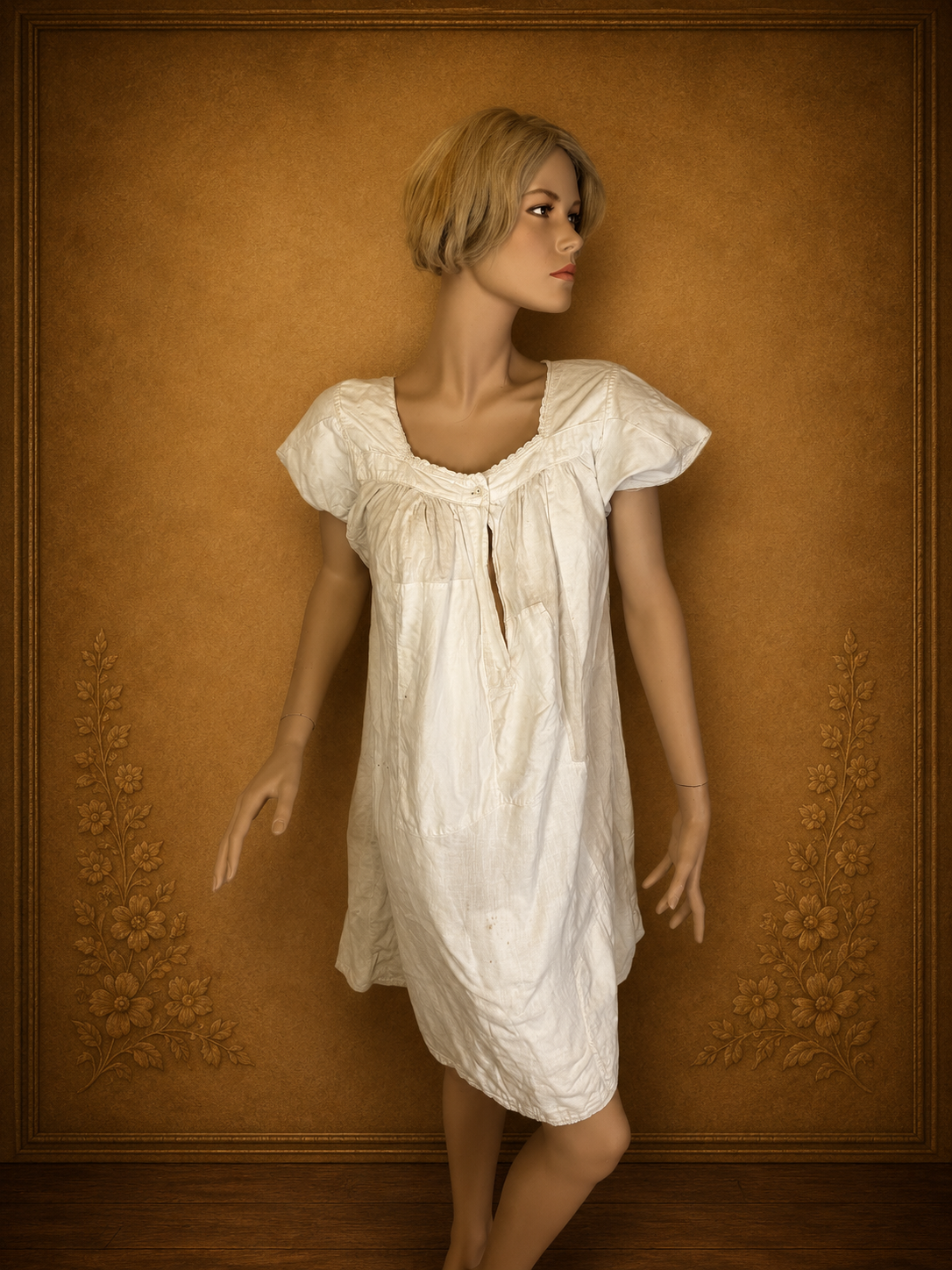 Antikes Damen Nachtkleid Weiß – Baumwolle Kurzarm Historische Wäsche Vintage