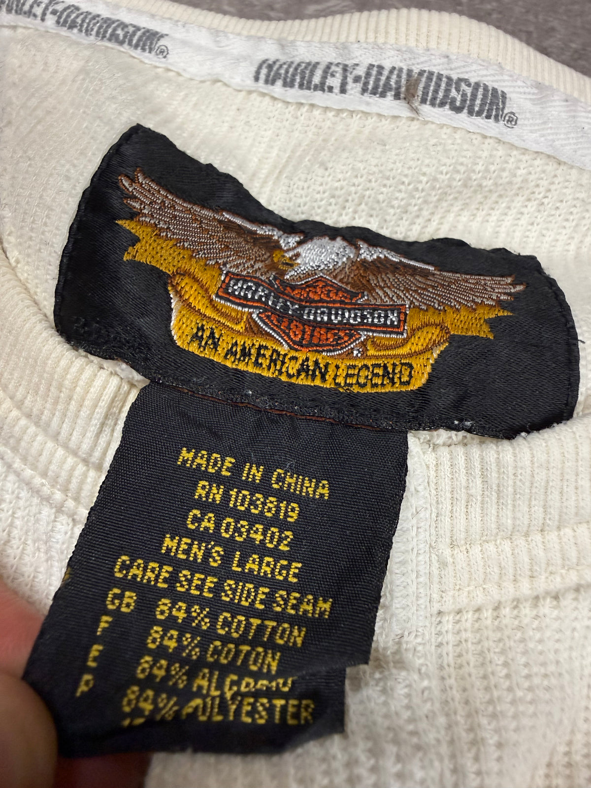 Harley-Davidson Herren Henley Shirt L – Vintage Langarm Creme Weiß