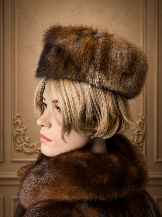 Edle Vintage Pelzmütze Echtpelz Braun Damen Wintermütze Fellmütze Russischer Stil