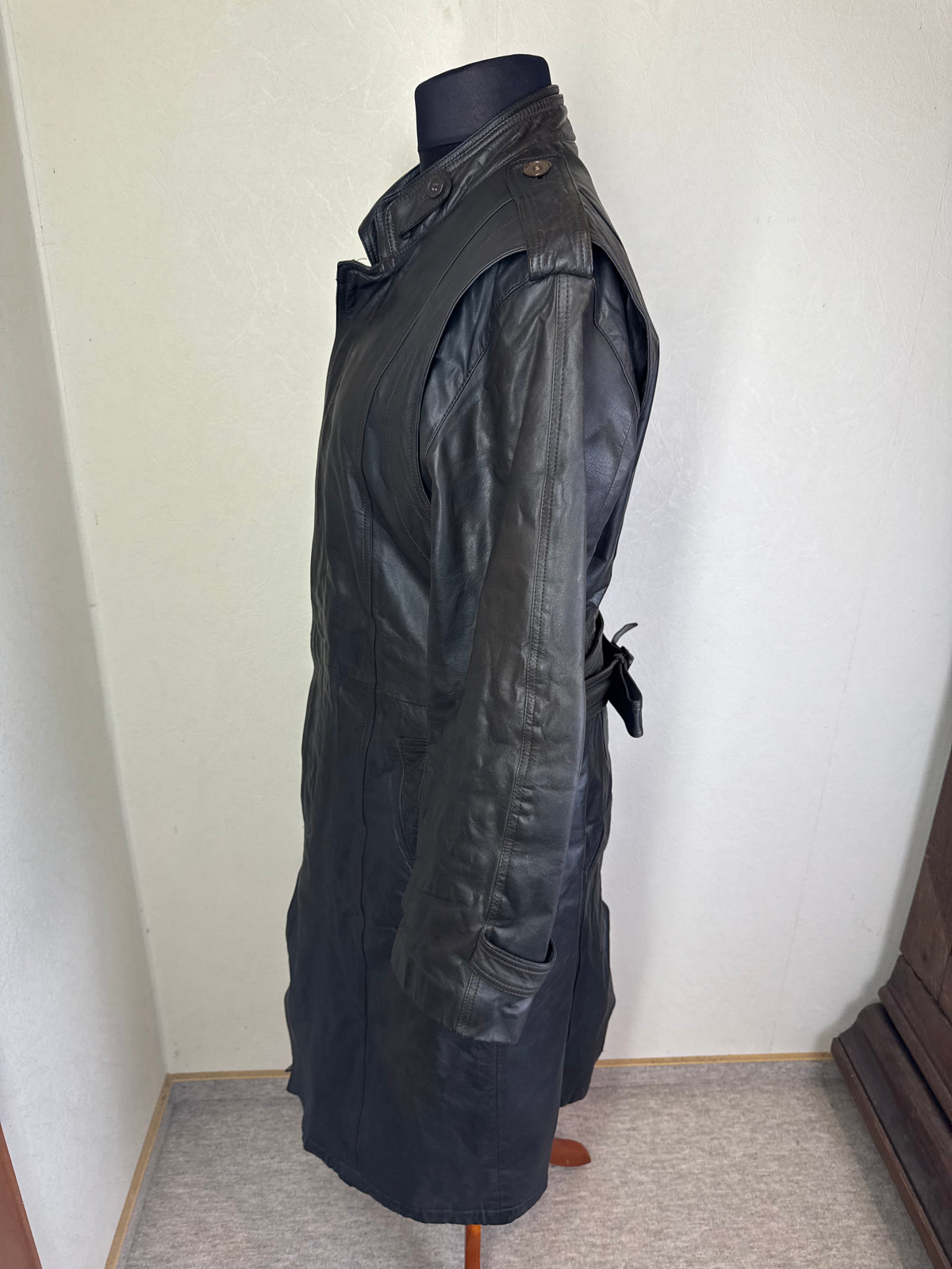 Vintage Leder Mantel Damen Schwarz Gr. ca. L XL Echtleder Langmantel Trench Coat Gürtel