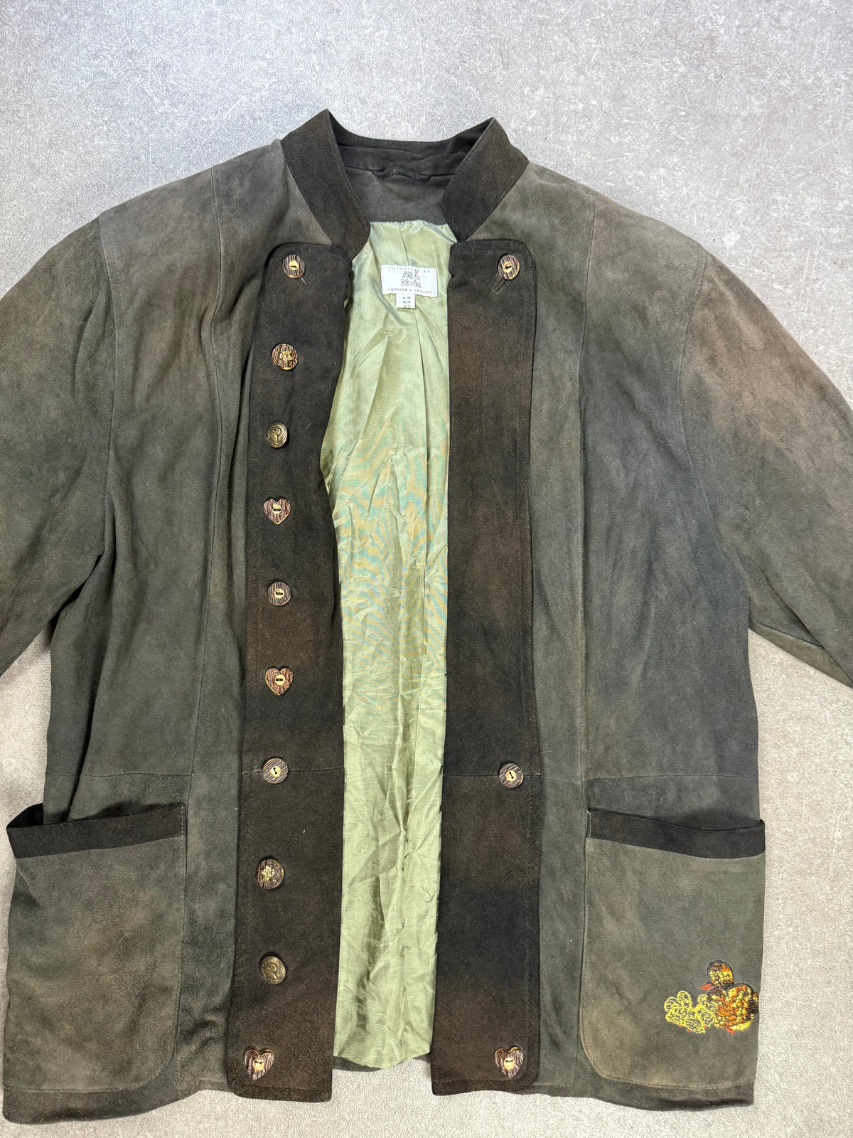 Alba Moda Trachten Lederjacke Gr. 40 Dunkelgrün Wildleder Stickerei Vintage