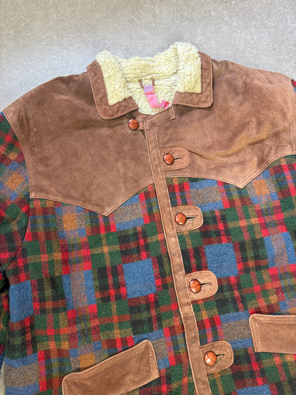 Vintage Lammfelljacke Gr. 48 Karojacke Echtleder Wolle Teddyfutter Oversize