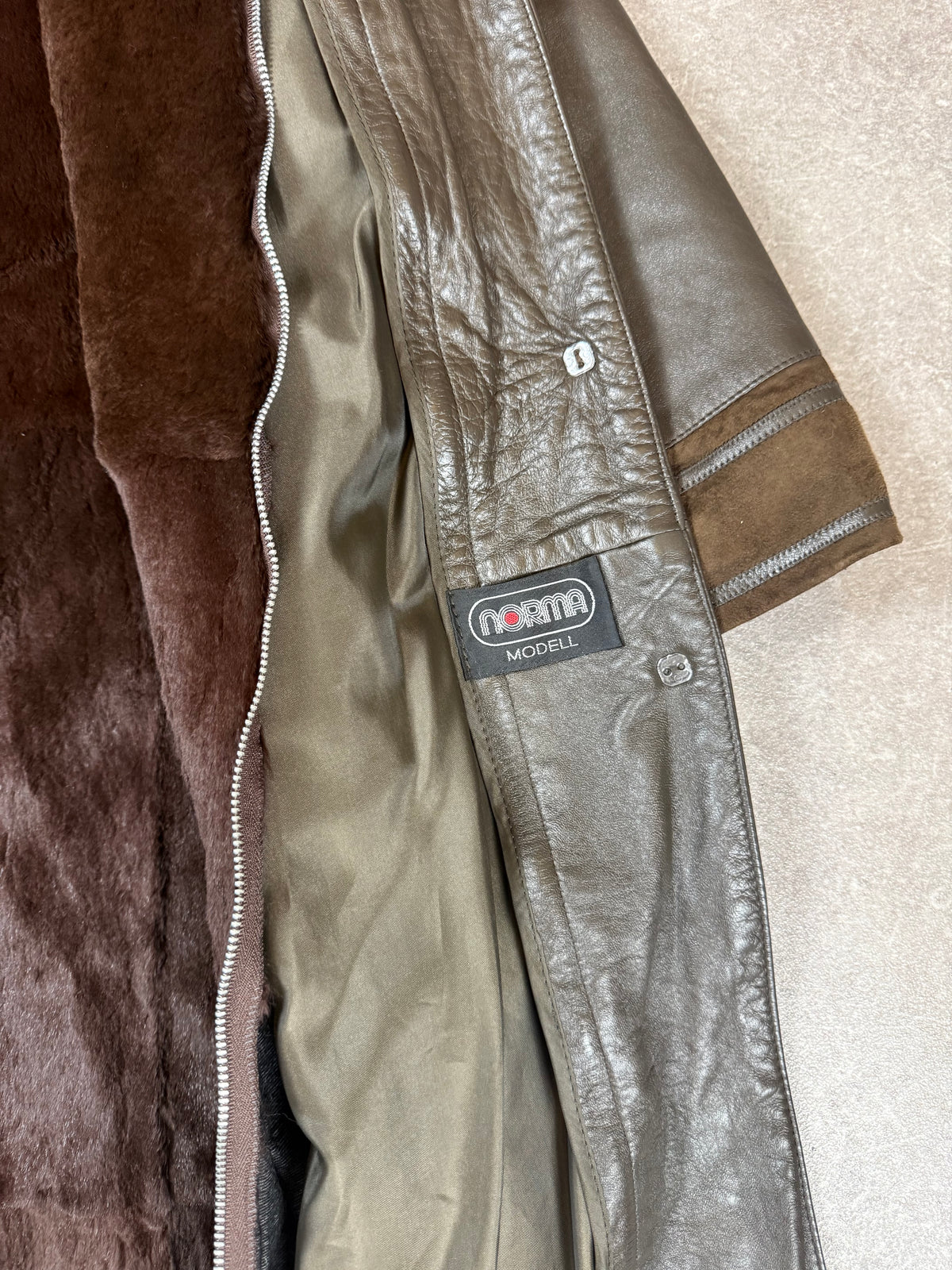 Vintage Norma Ledermantel Echtleder mit Nutria Naturfell Braun – Gr. ca. 42