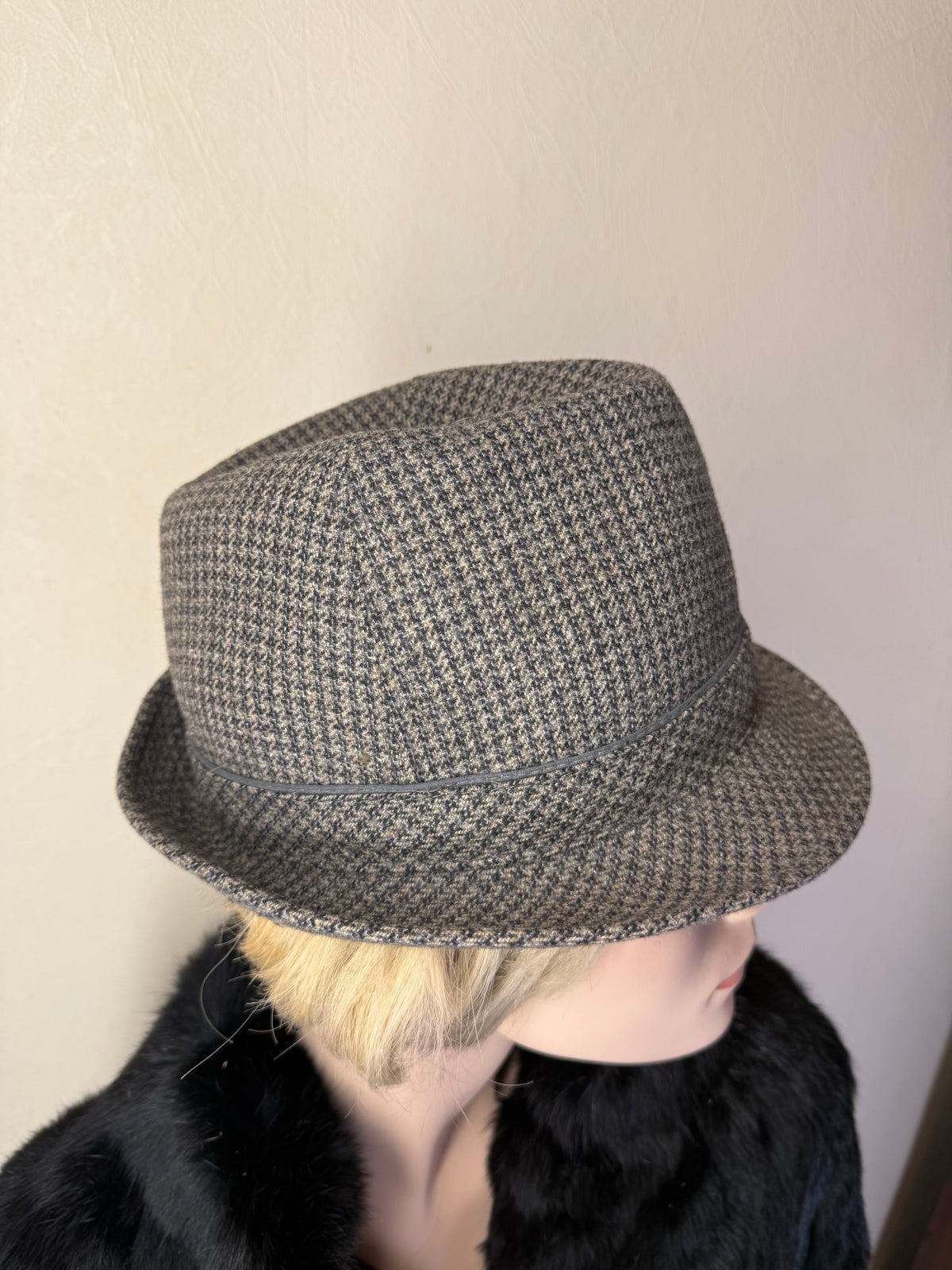 Vintage Fedora Hut Wolle Hahnentritt Grau Schwarz – Klassischer Trilby