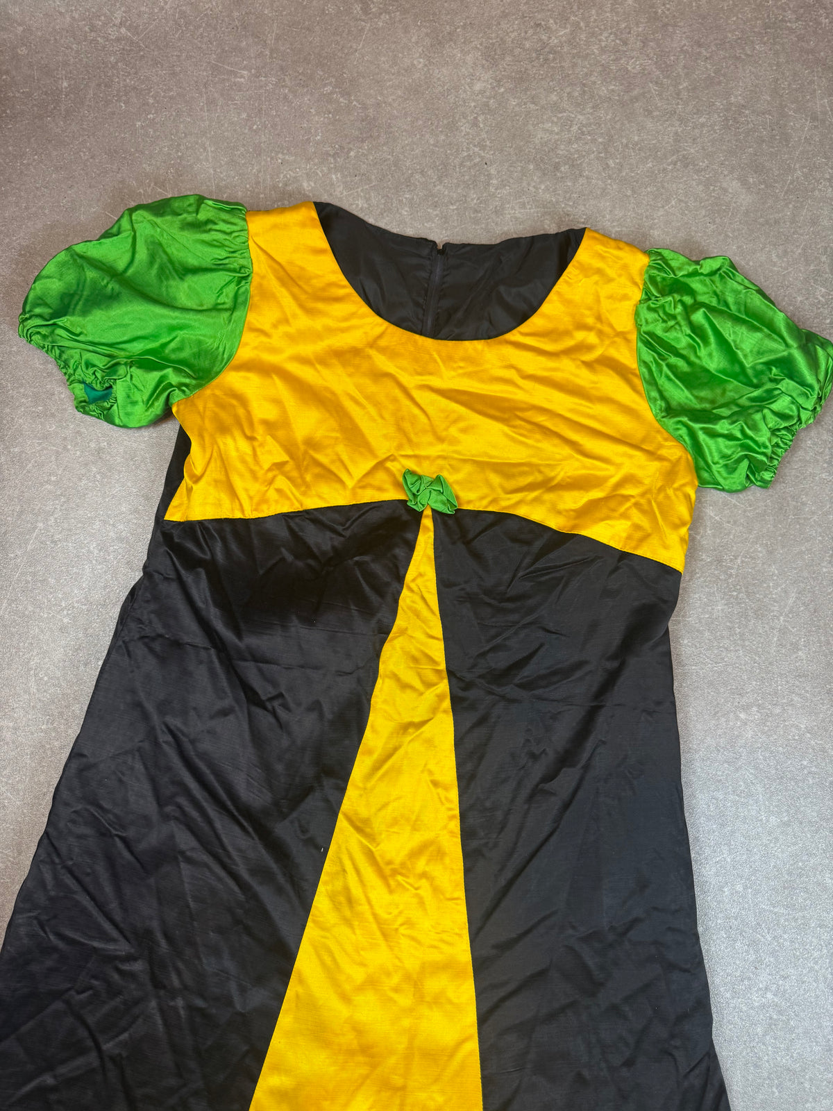 Vintage Maxikleid Damen – Gelb Schwarz Grün mit Puffärmeln & Schleife