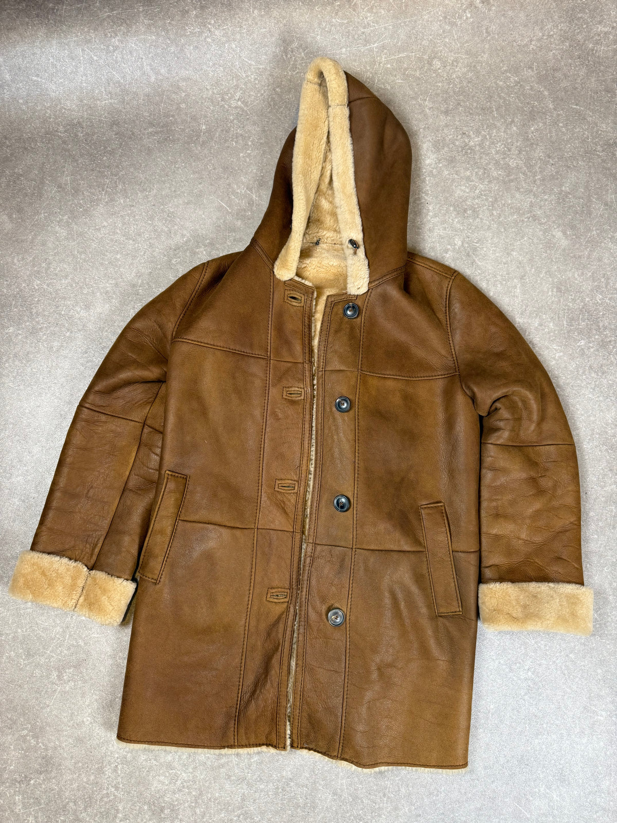 CHRIST Lammfellmantel Damen Braun Vintage Echtleder Shearling Kapuze