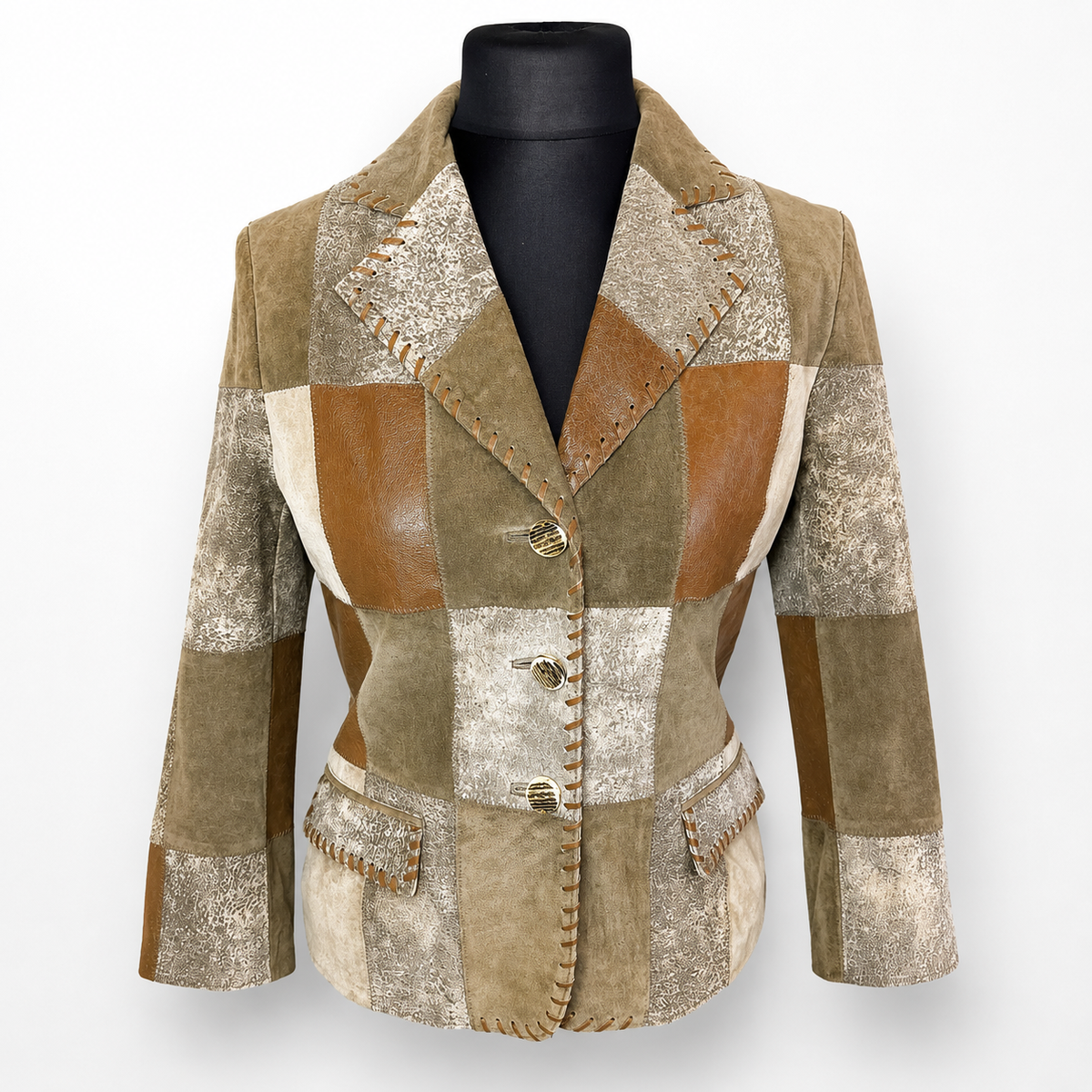 Vintage Leder Patchwork Blazer Landhaus Damen Gr. 38 Braun Beige Echtleder Jacke