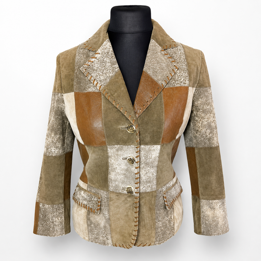 Vintage Leder Patchwork Blazer Landhaus Damen Gr. 38 Braun Beige Echtleder Jacke