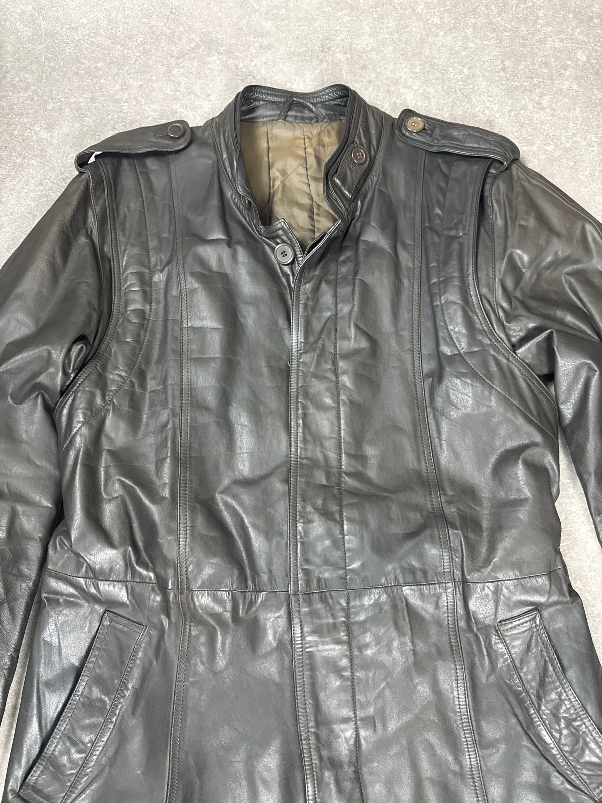 Vintage Leder Mantel Damen Schwarz Gr. ca. L XL Echtleder Langmantel Trench Coat Gürtel