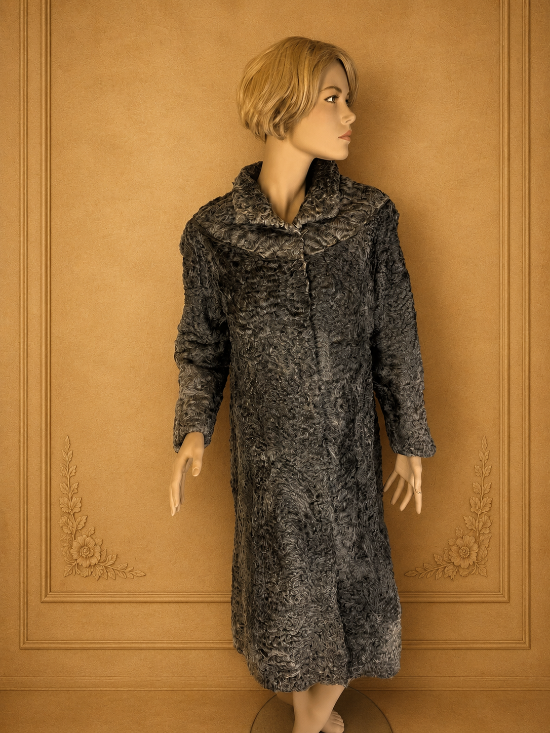 Vintage Persianer Pelzmantel Damen Grau – Langer Karakul Echtpelz Mantel