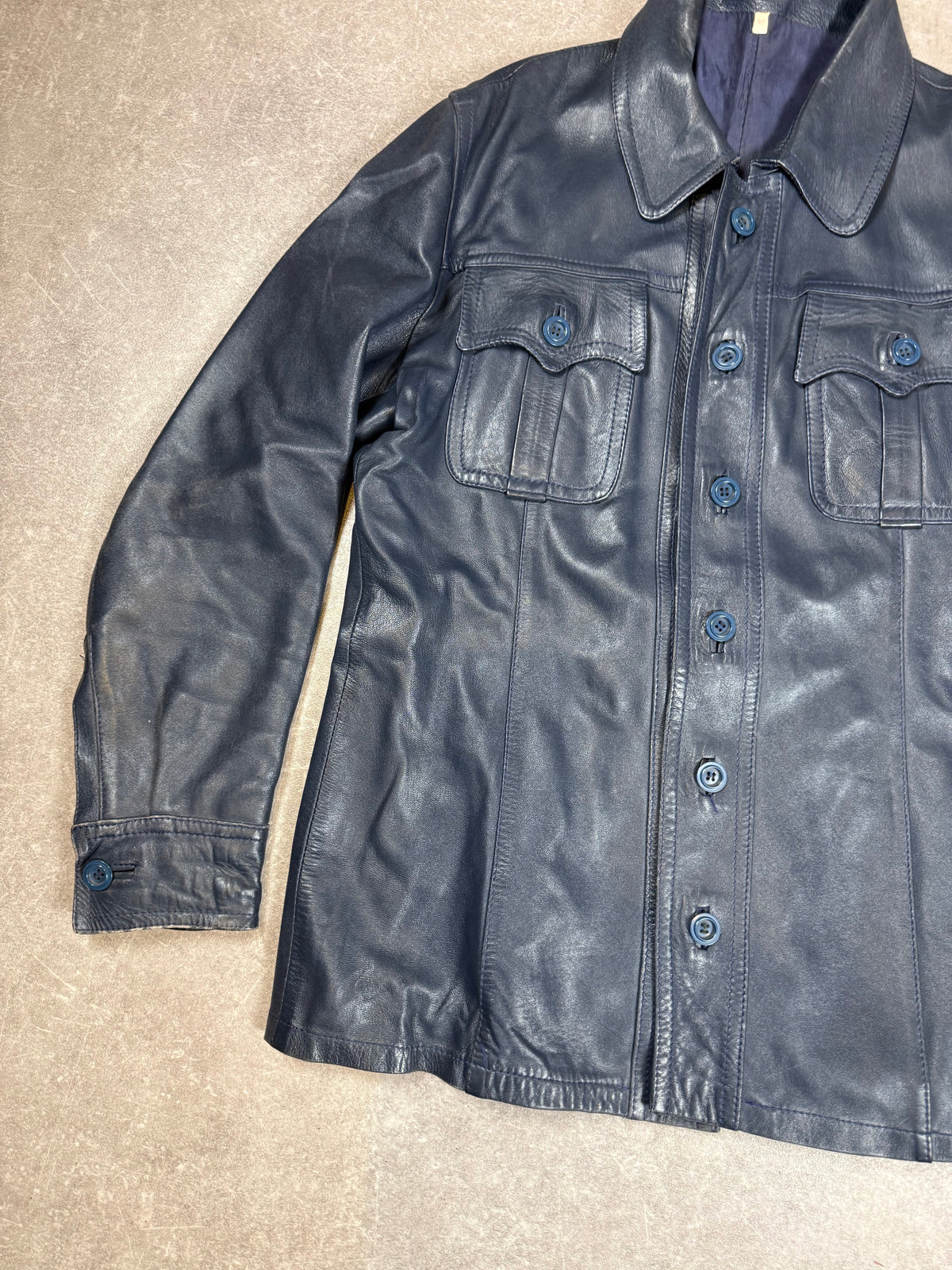 Vintage Herren Lederjacke Dunkelblau – Echtleder Hemdjacke 70er 80er Jahre