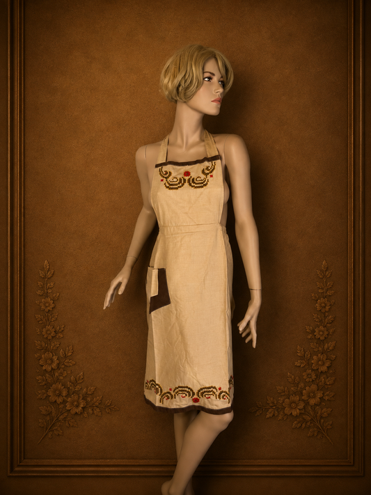 Vintage Damen Latzschürze Creme Braun Bestickt Retro Trägerschürze