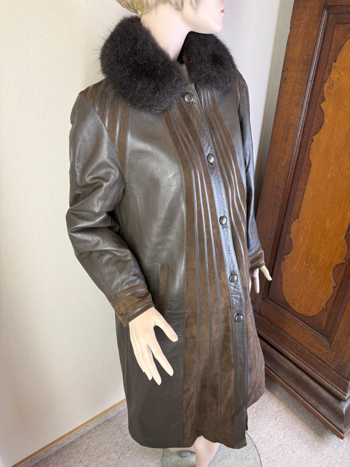 Vintage Norma Ledermantel Echtleder mit Nutria Naturfell Braun – Gr. ca. 42