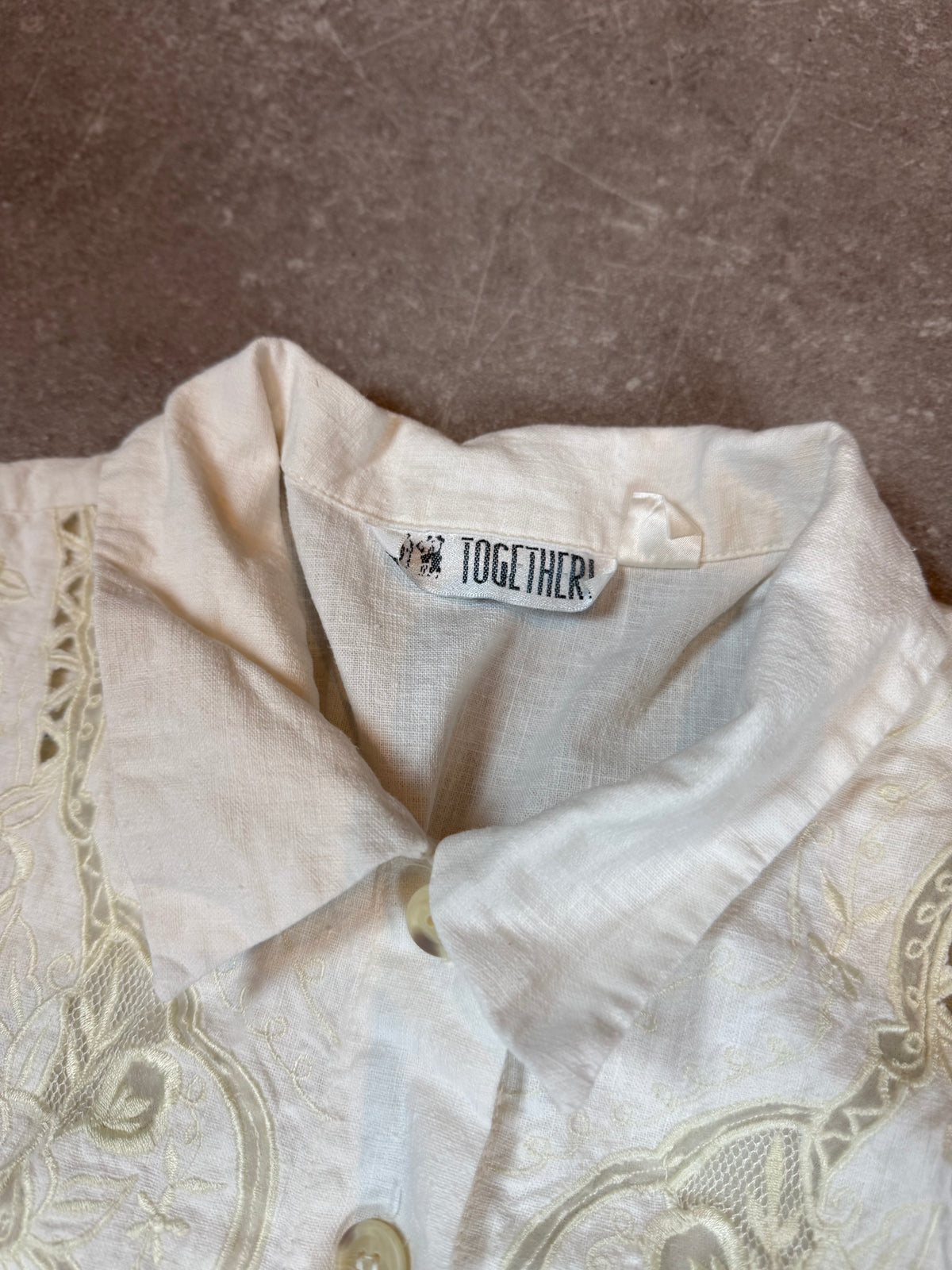 Vintage TOGETHER Hemdblusenkleid Weiß – Stickerei Spitze Gürtel 80er/90er