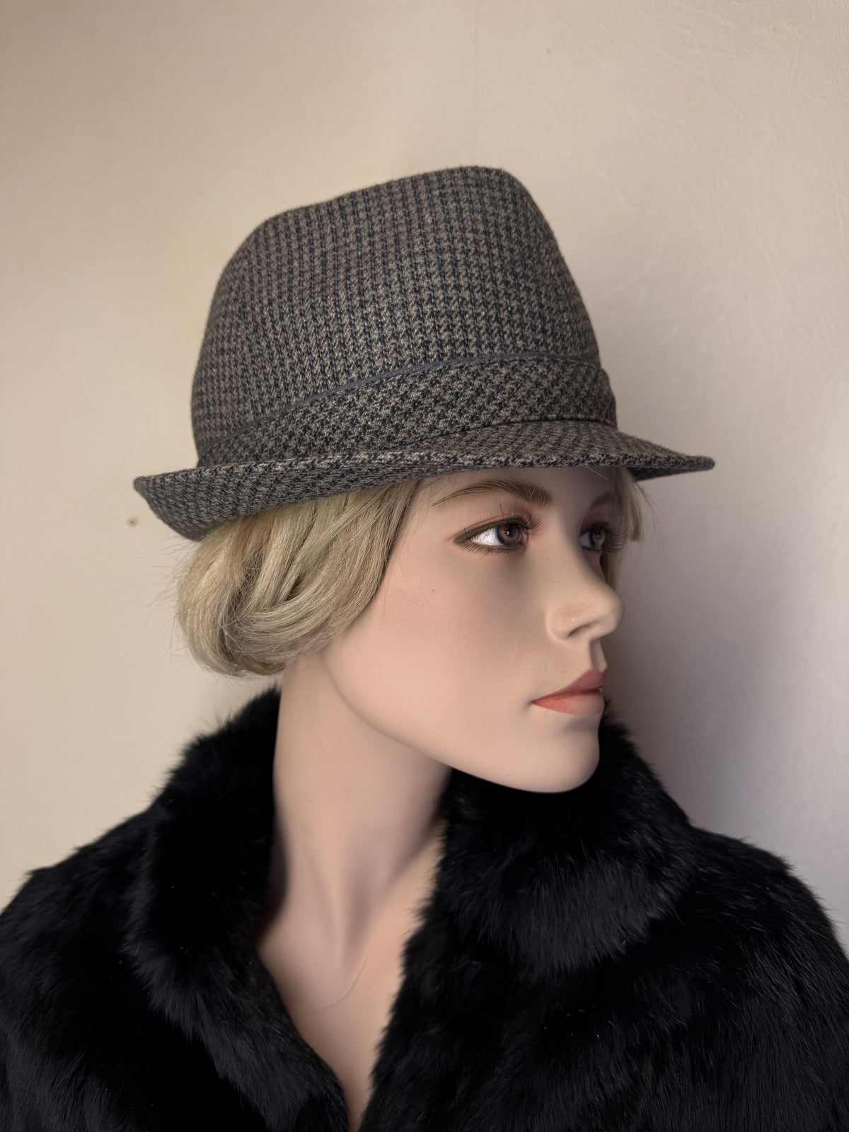 Vintage Fedora Hut Wolle Hahnentritt Grau Schwarz – Klassischer Trilby