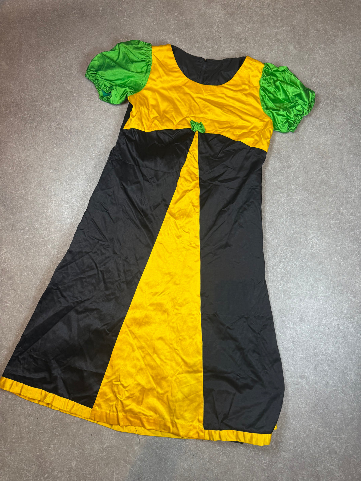 Vintage Maxikleid Damen – Gelb Schwarz Grün mit Puffärmeln & Schleife