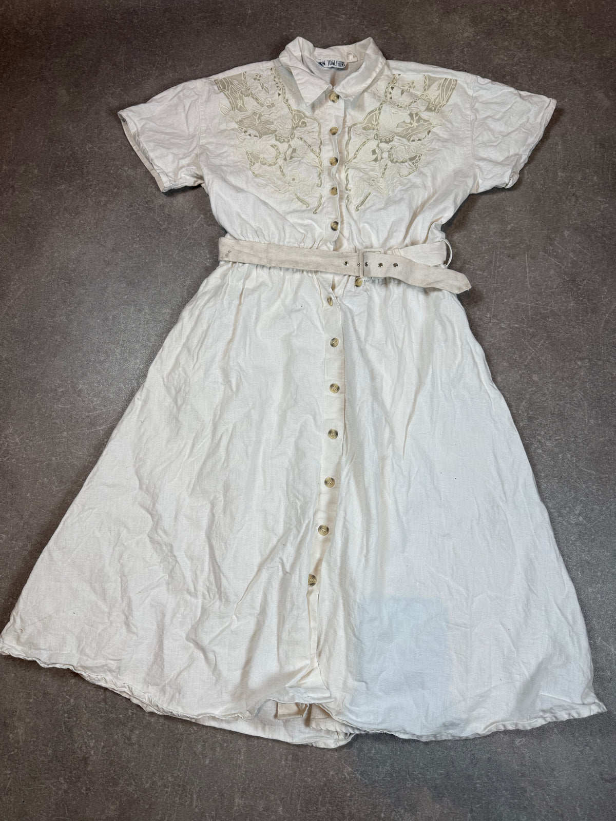 Vintage TOGETHER Hemdblusenkleid Weiß – Stickerei Spitze Gürtel 80er/90er