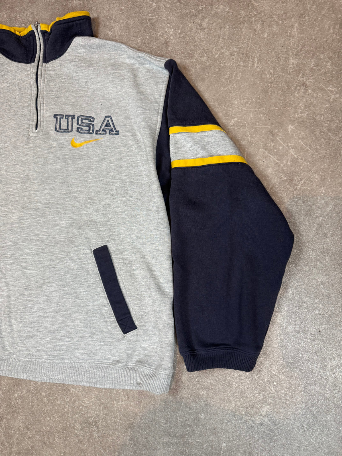 Vintage Nike USA Sweatshirt Half Zip Grau Navy Gelb 90er Größe M