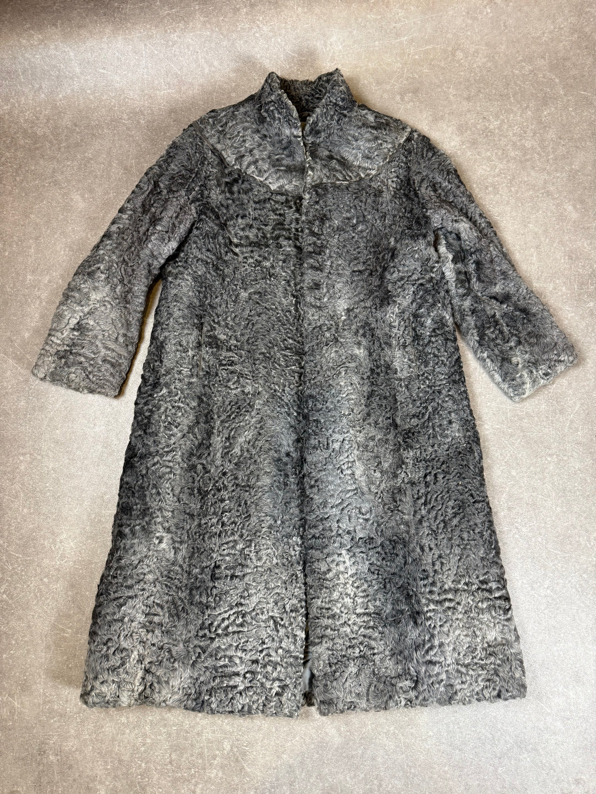 Vintage Persianer Pelzmantel Damen Grau – Langer Karakul Echtpelz Mantel