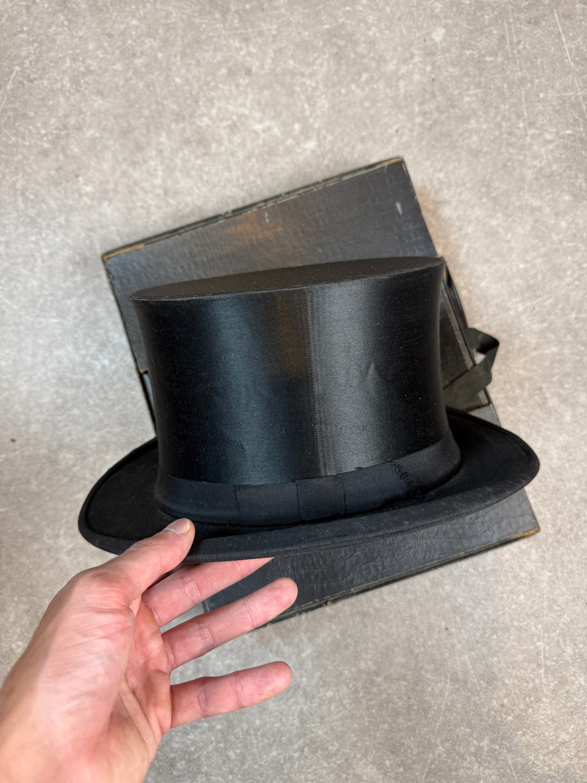 Antiker Klappzylinder Chapeau Claque schwarz Druckfrei Patent Zylinder mit Original Hutbox Vintage