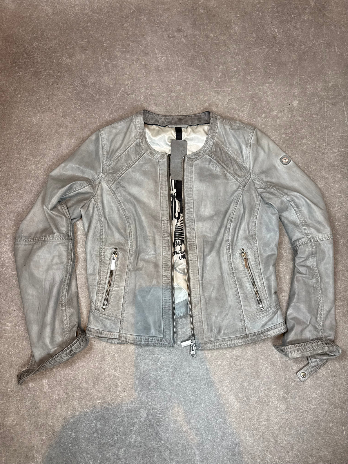 Milestone Leonora Lederjacke Grau Damen Echtleder Ziegennappa Biker Jacke Gr. 38