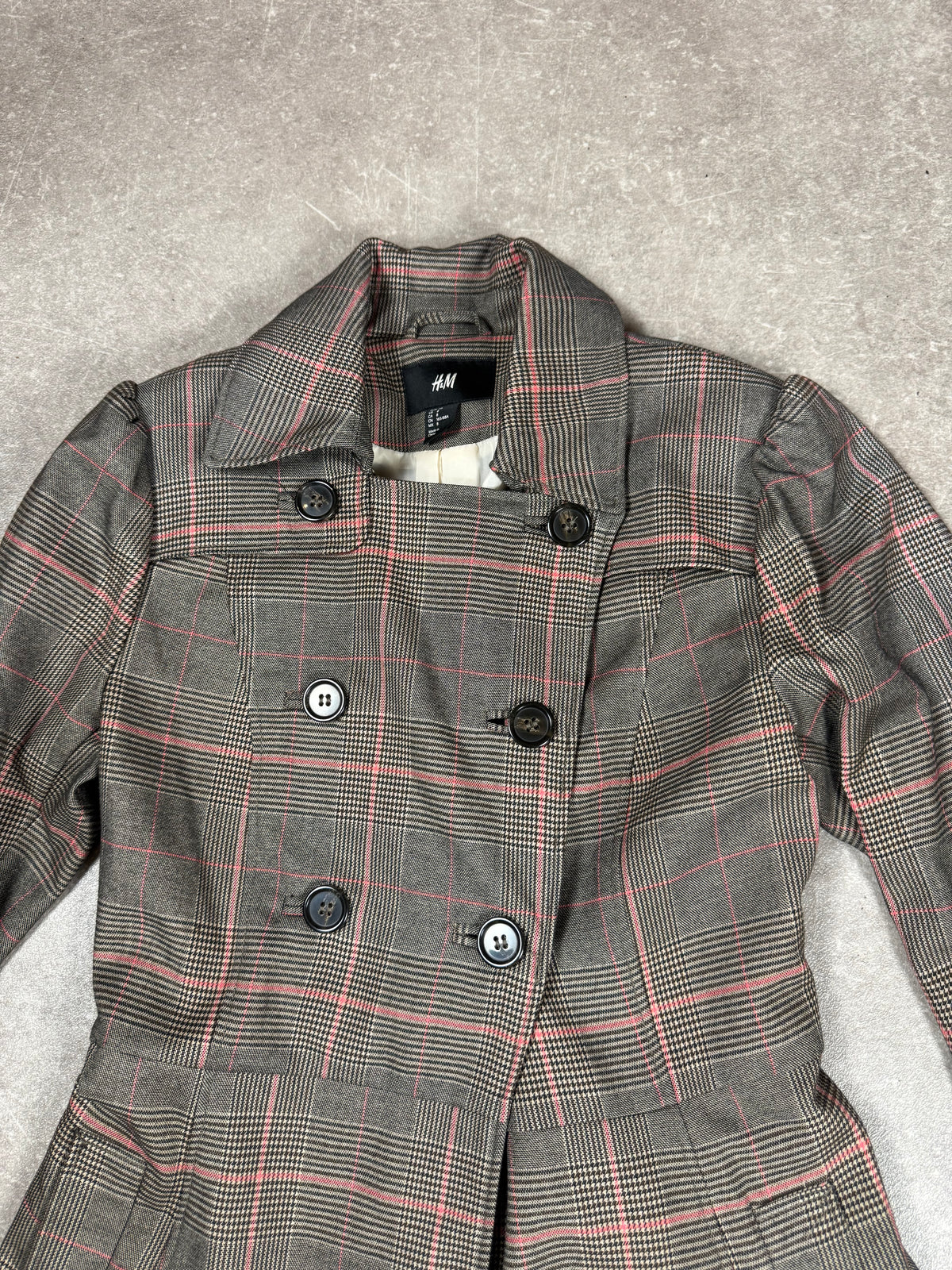 H&M Damen Trenchcoat Mantel Gr. 38 Grau Rosa Glencheck Karo mit Gürtel