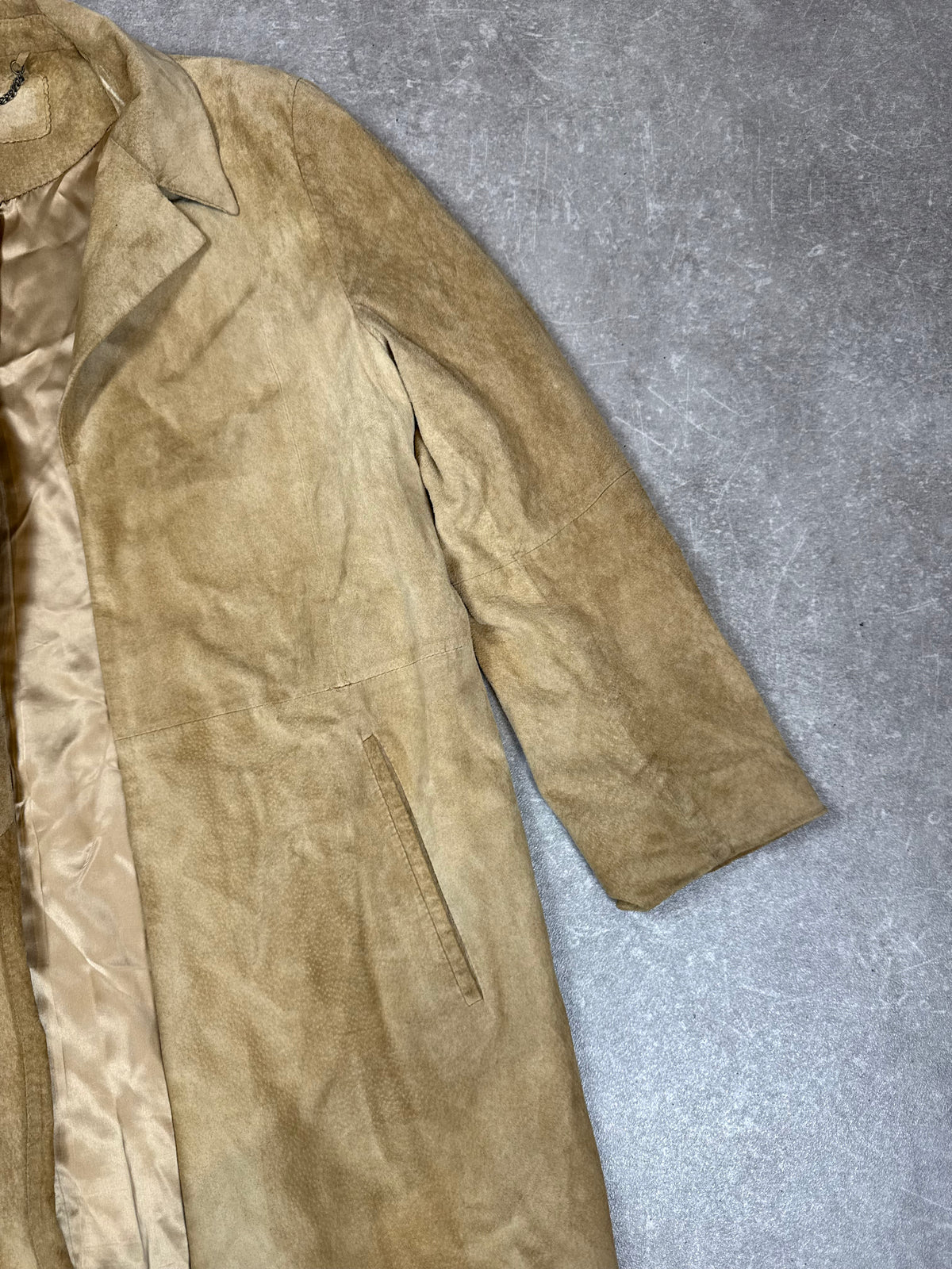 Vintage Damen Ledermantel Lang Veloursleder Beige Sand – ca. Gr. M/L