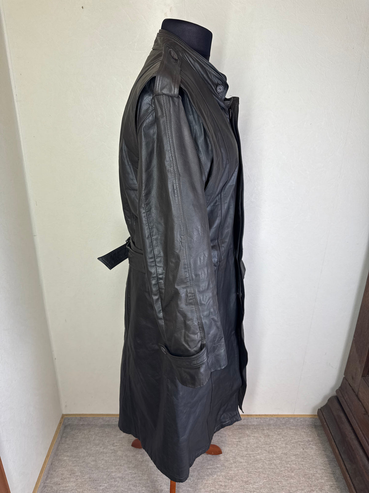 Vintage Leder Mantel Damen Schwarz Gr. ca. L XL Echtleder Langmantel Trench Coat Gürtel