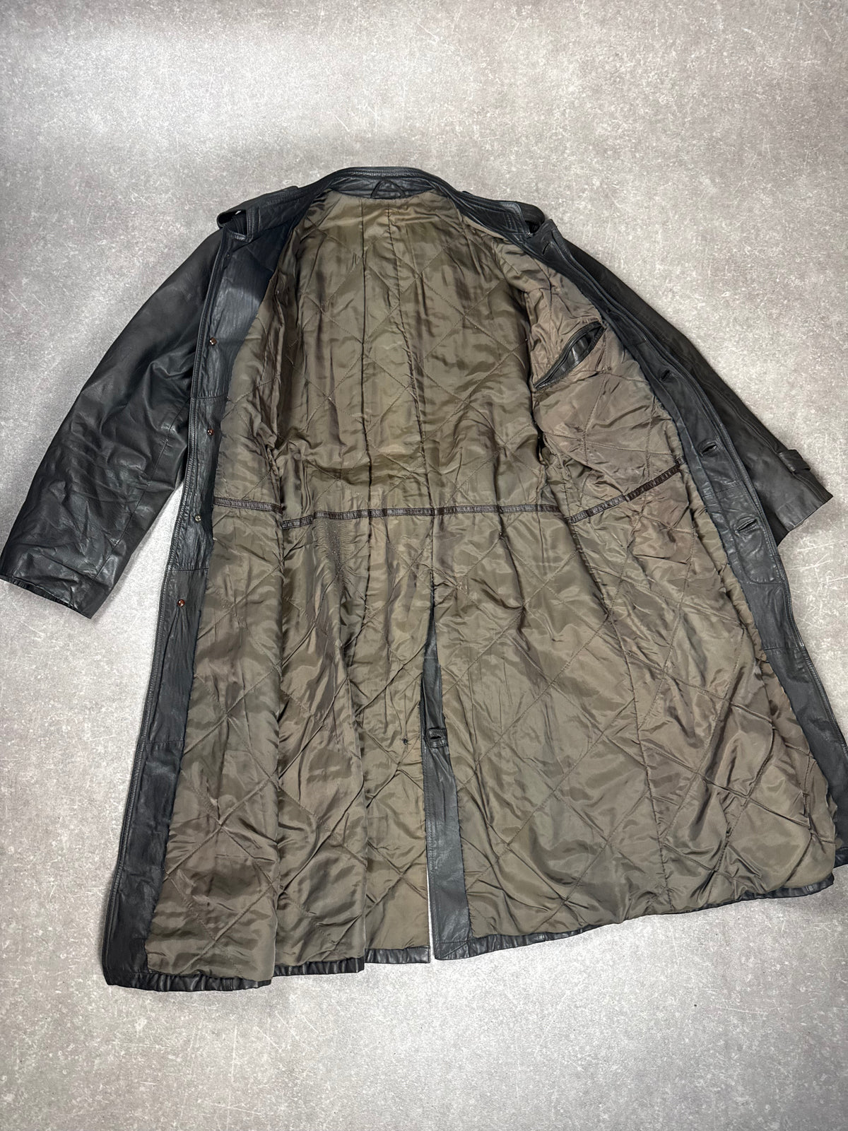 Vintage Leder Mantel Damen Schwarz Gr. ca. L XL Echtleder Langmantel Trench Coat Gürtel