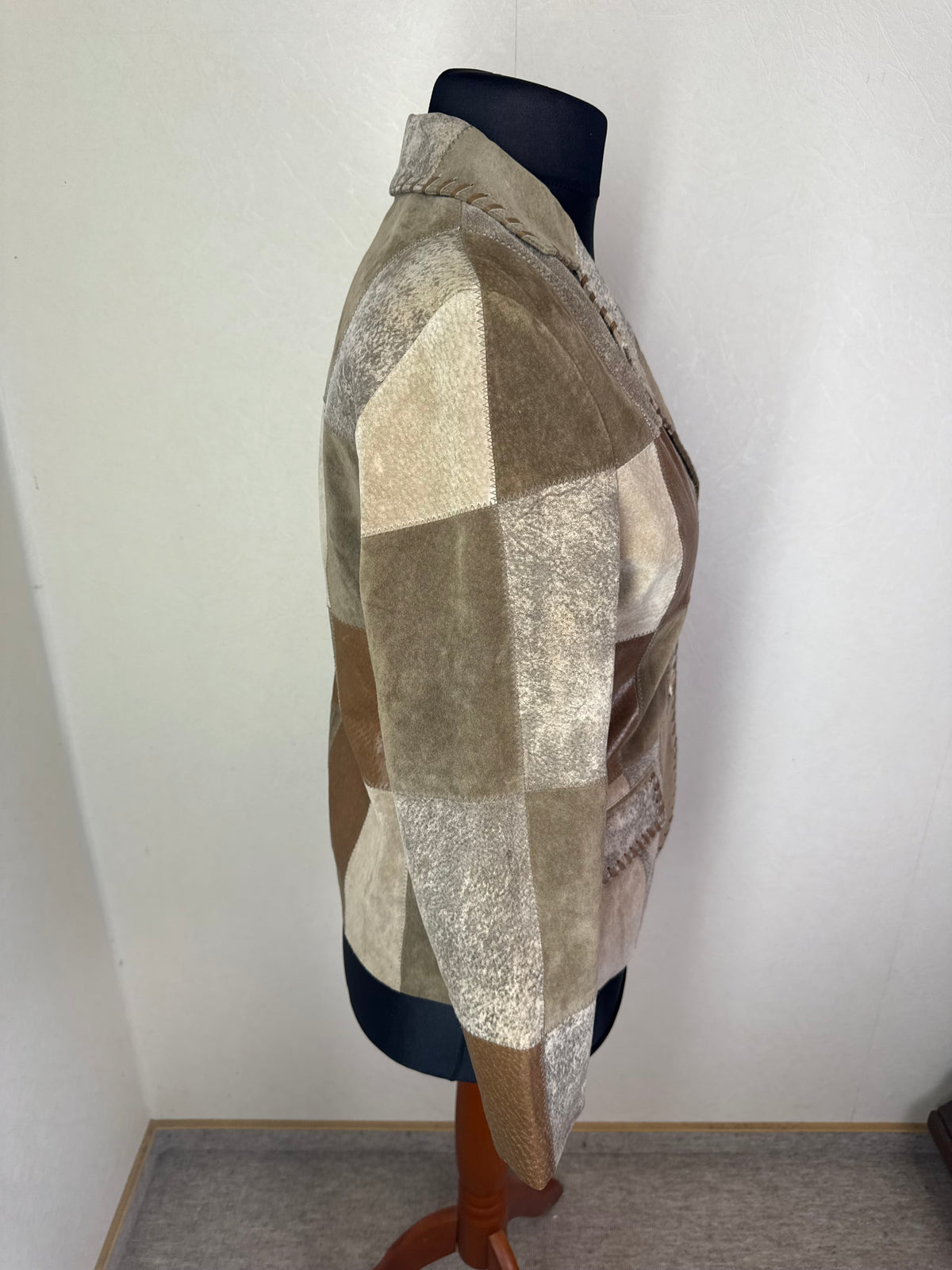 Vintage Leder Patchwork Blazer Landhaus Damen Gr. 38 Braun Beige Echtleder Jacke