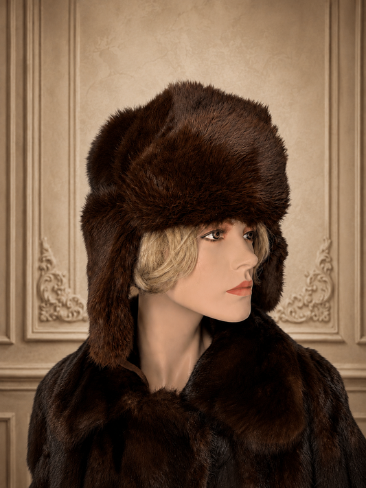 Vintage Nerz Pelzmütze Ushanka Braun Echtpelz Wintermütze Damen Herren