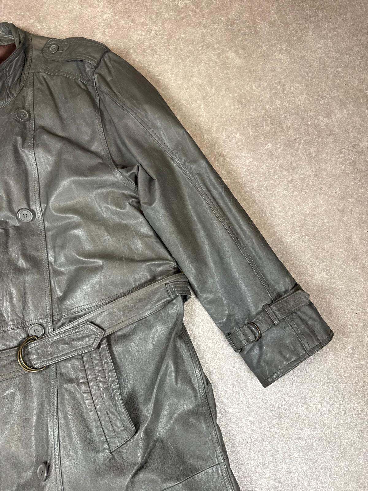 Vintage Herren Ledermantel Gr. 54 Grau Echtleder Trenchcoat mit Gürtel