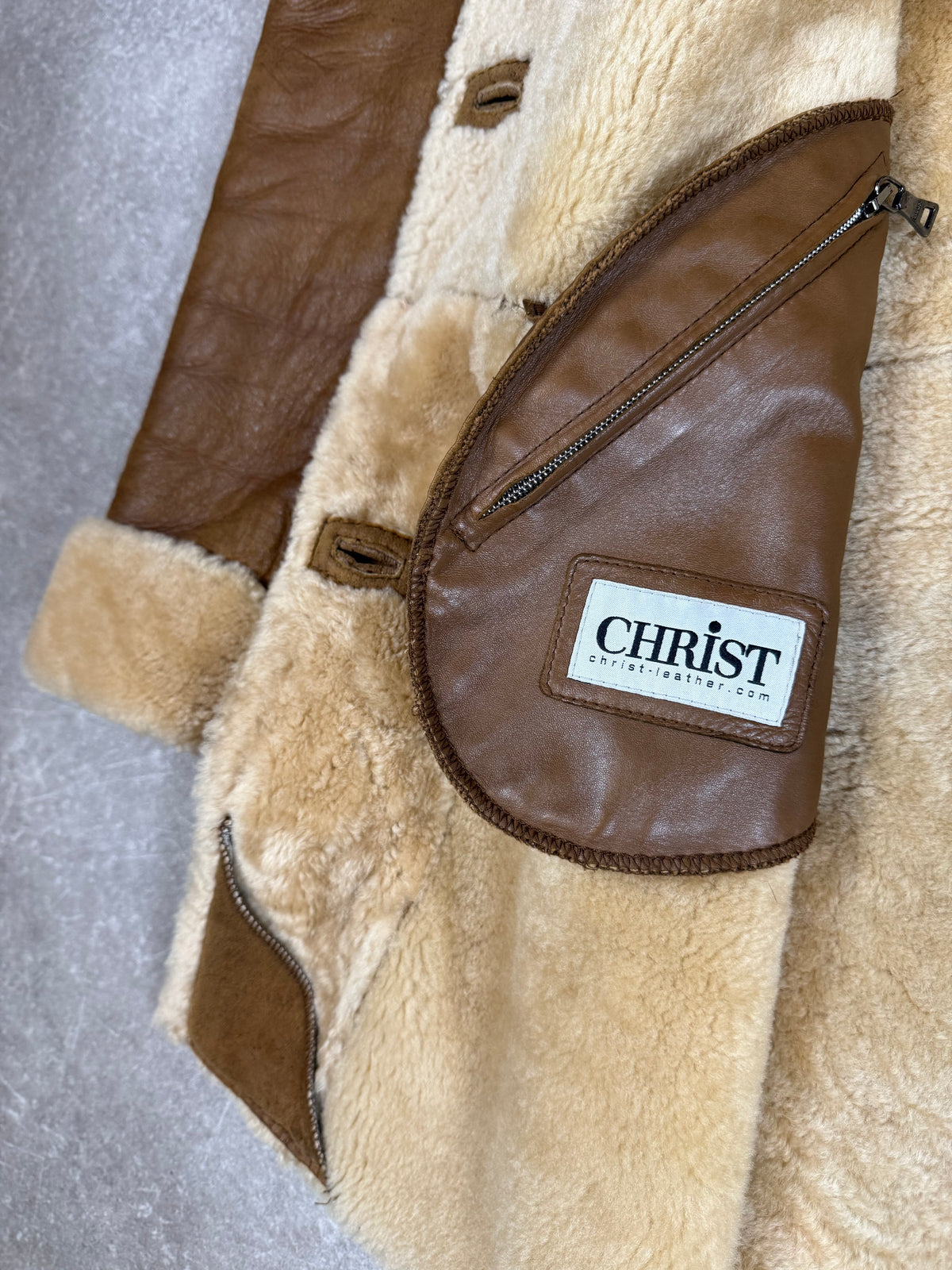 CHRIST Lammfellmantel Damen Braun Vintage Echtleder Shearling Kapuze