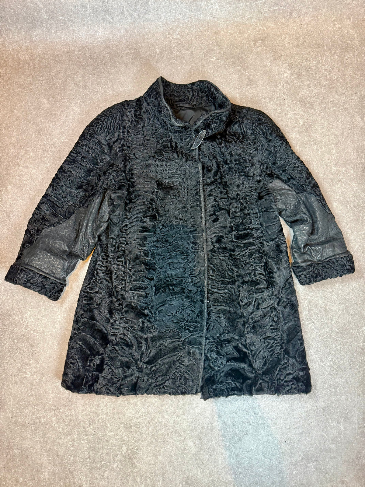 Vintage Persianer Pelzjacke Schwarz Karakul Lammfell Damen Echtpelz Leder Gr. M/L