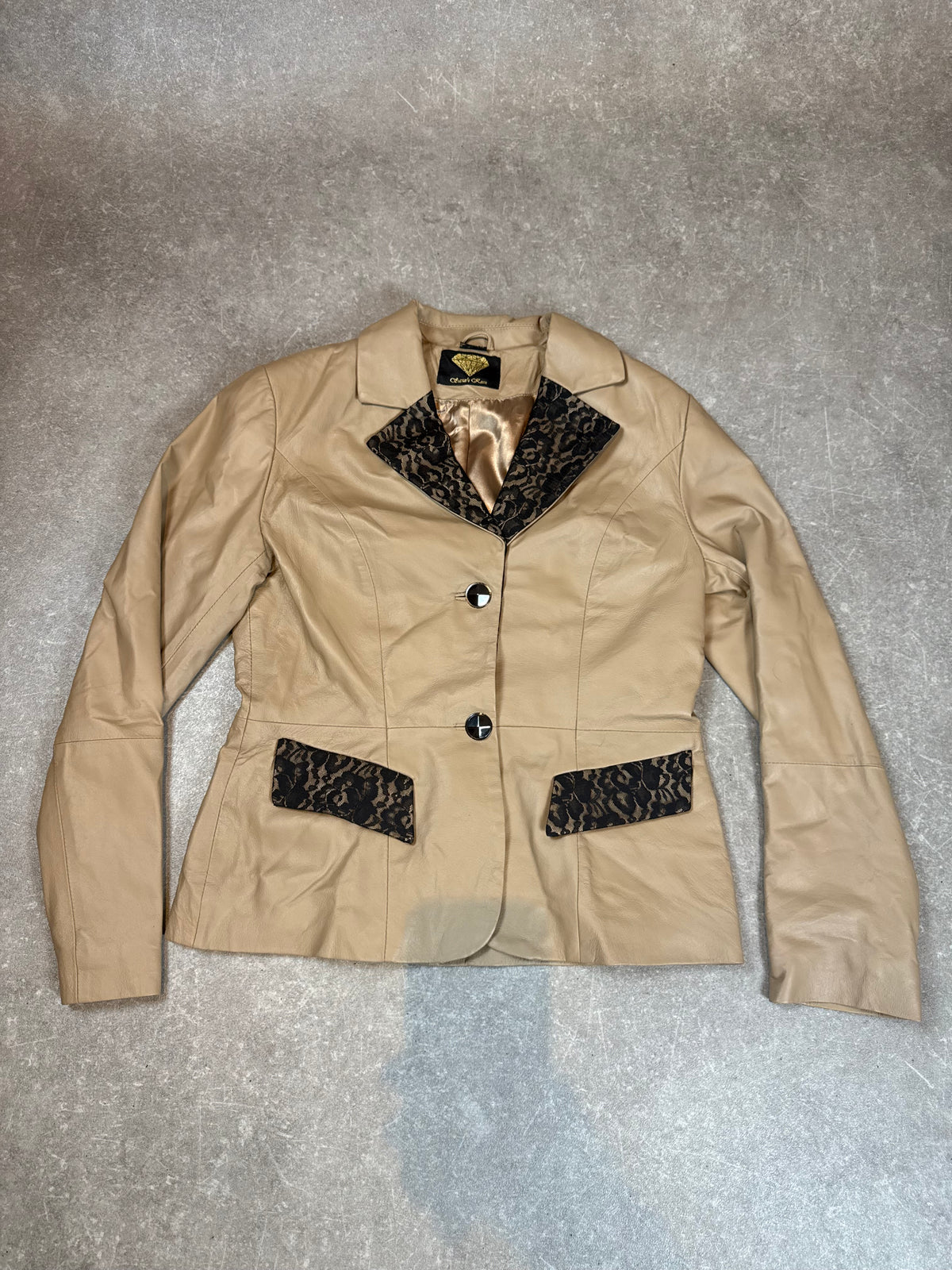 Sarah Kern Lederjacke Beige Spitze Damen Echtleder Blazer 90er Y2K Gr. 36