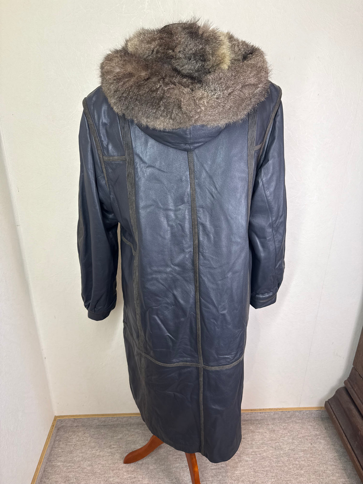 Vintage Leder Mantel 44 Schwarz Echtleder Fellkragen Wintermantel Lang Mantel