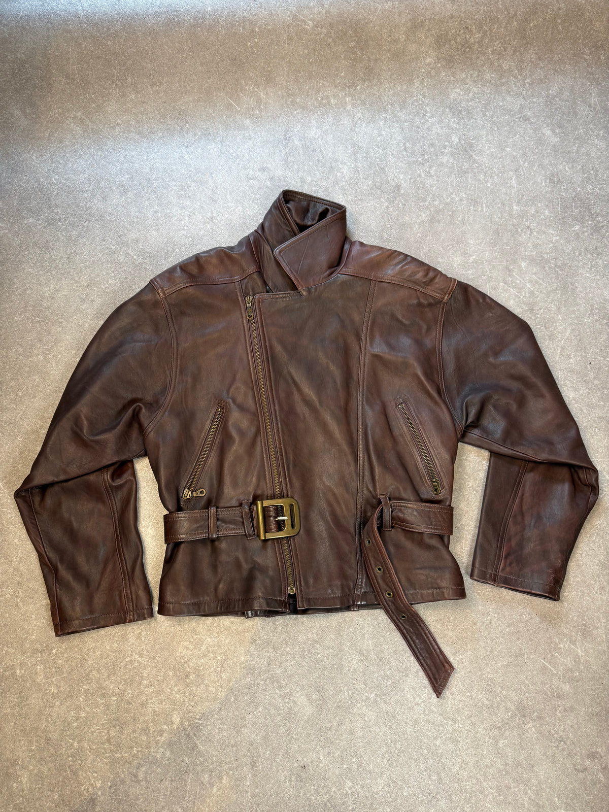 Maddox Lederjacke Damen Braun Gr 46 Echtleder Bikerjacke Jacke mit Gürtel Vintage