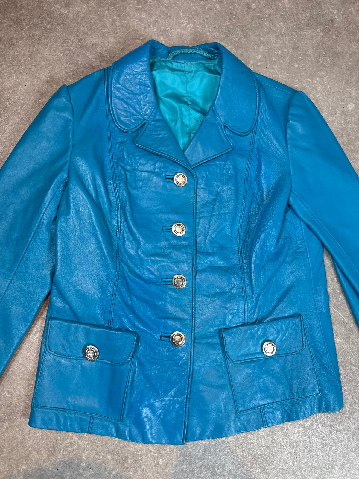 Vintage Lederjacke Damen Blau Türkis Echtleder 70er 80er Blazer Jacke S M