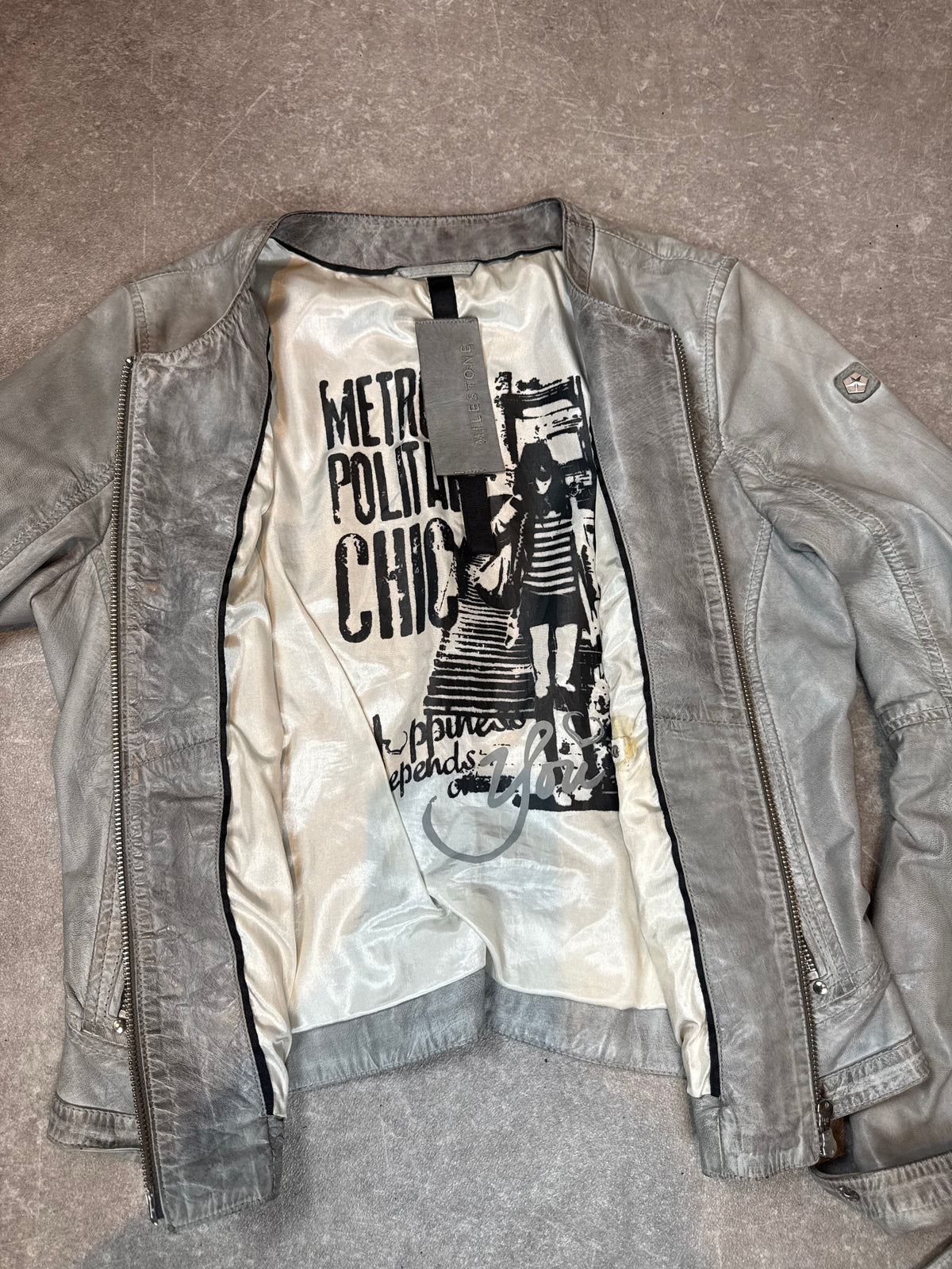 Milestone Leonora Lederjacke Grau Damen Echtleder Ziegennappa Biker Jacke Gr. 38