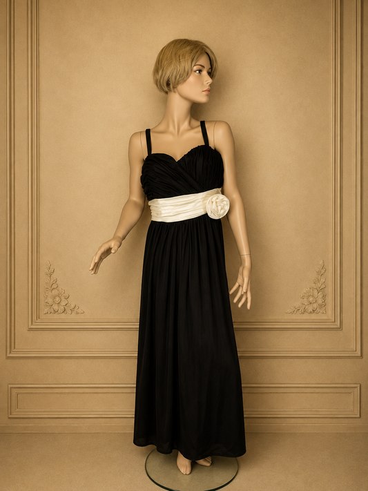 Vintage Damen Abendkleid Schwarz Weiß – Langes Ballkleid mit Stoffrose