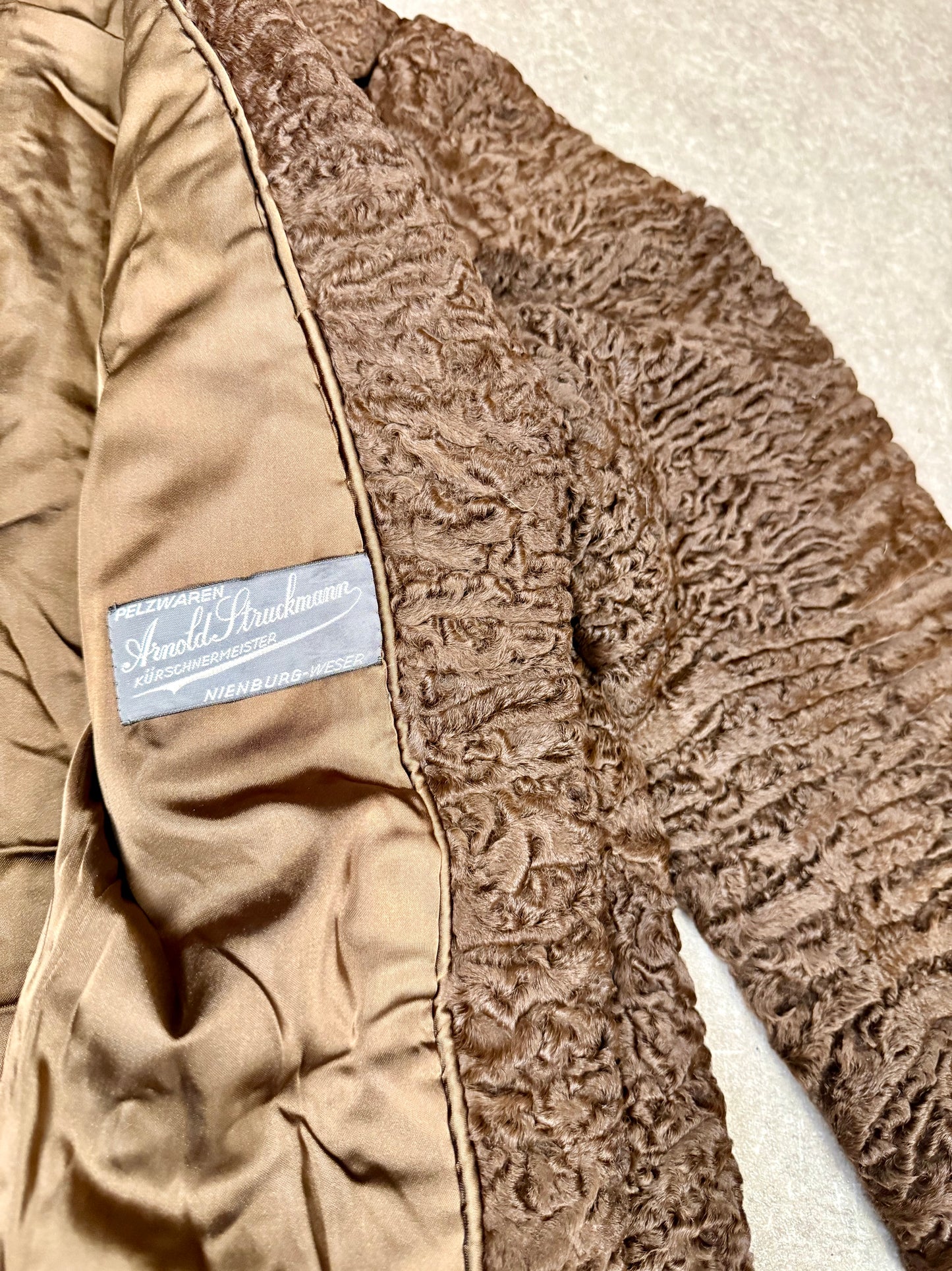 Vintage Persianer Pelzmantel Karakul Lammfell Braun Damen Mantel Echtpelz Gr. L