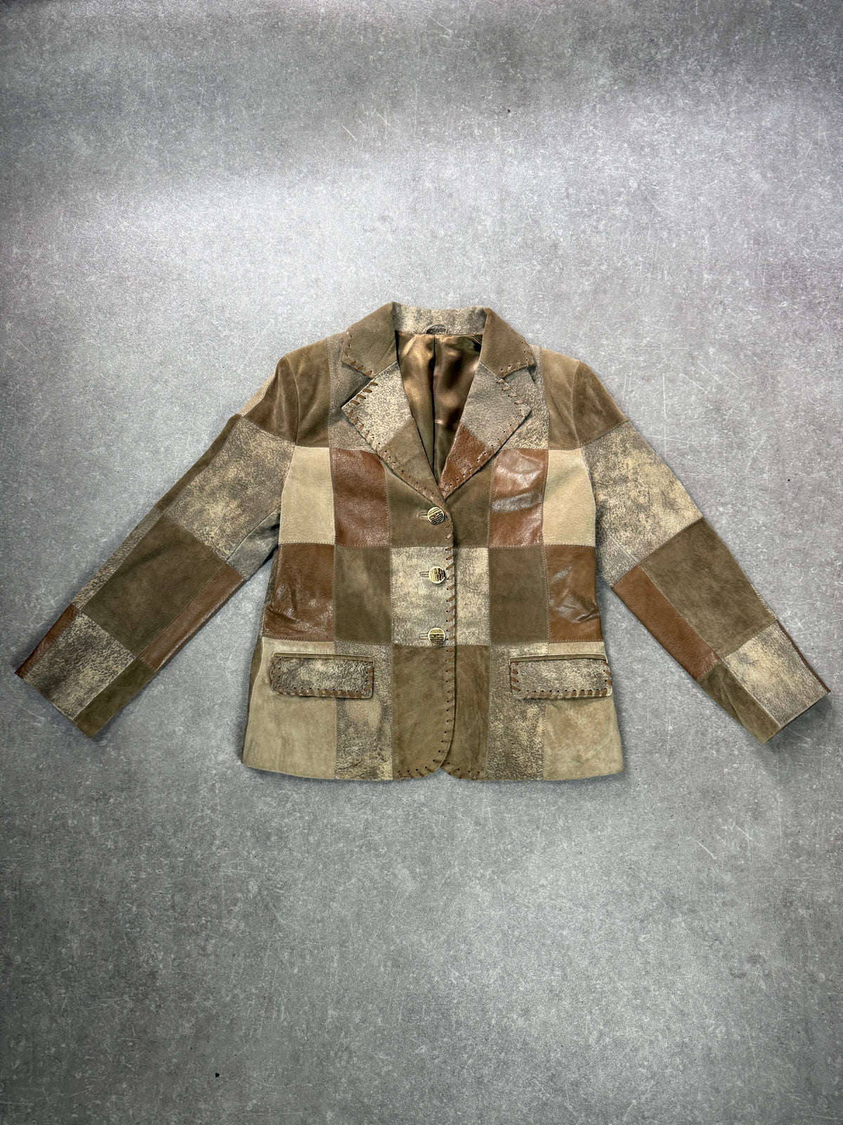 Vintage Leder Patchwork Blazer Landhaus Damen Gr. 38 Braun Beige Echtleder Jacke