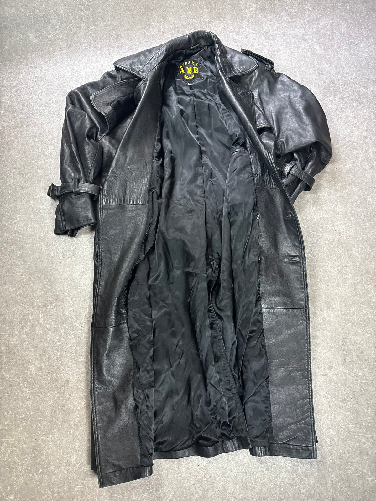 Langer Leder Mantel Damen Schwarz Vintage Trenchcoat Echtleder AB Collection Gr. L
