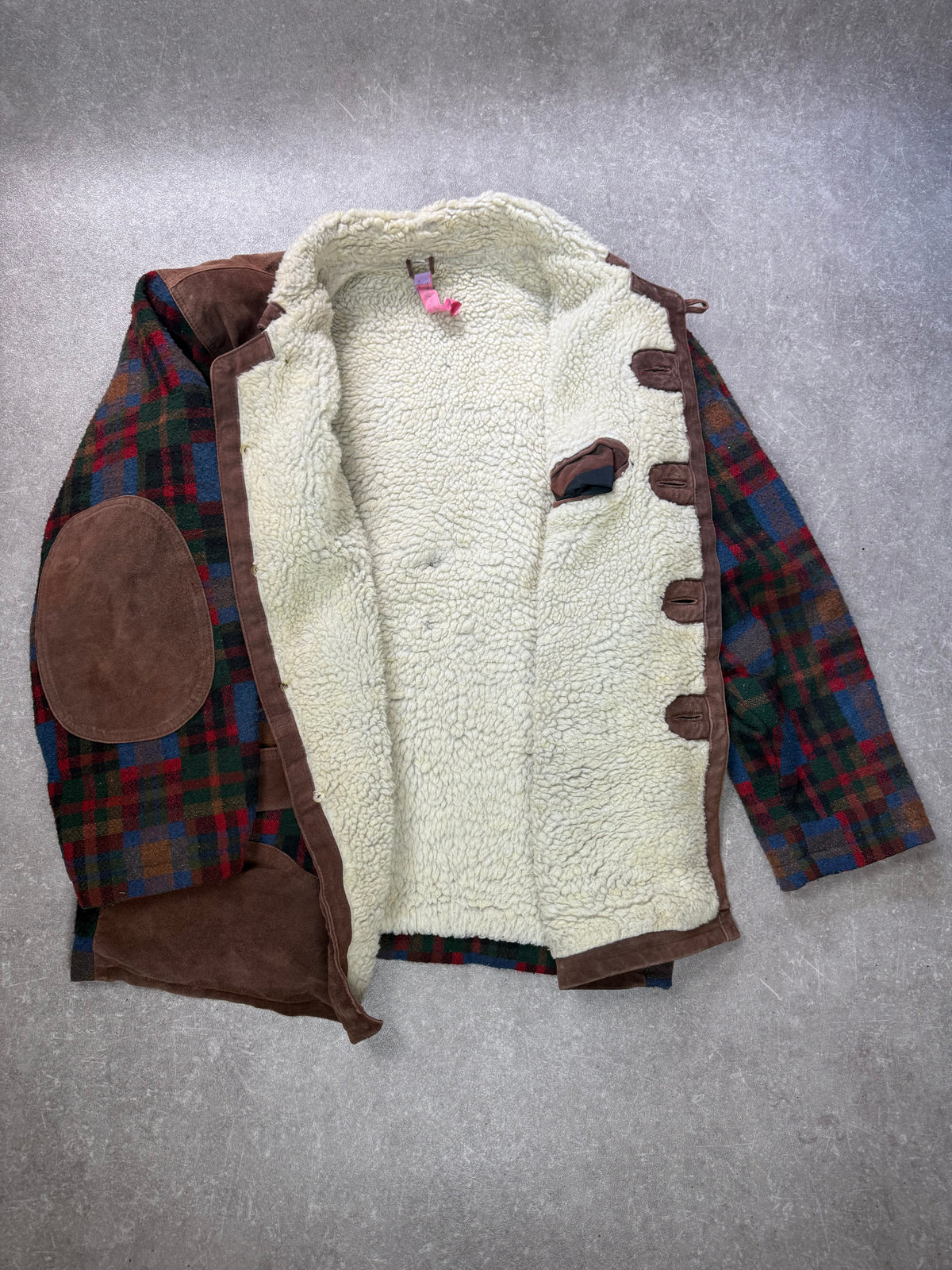 Vintage Lammfelljacke Gr. 48 Karojacke Echtleder Wolle Teddyfutter Oversize