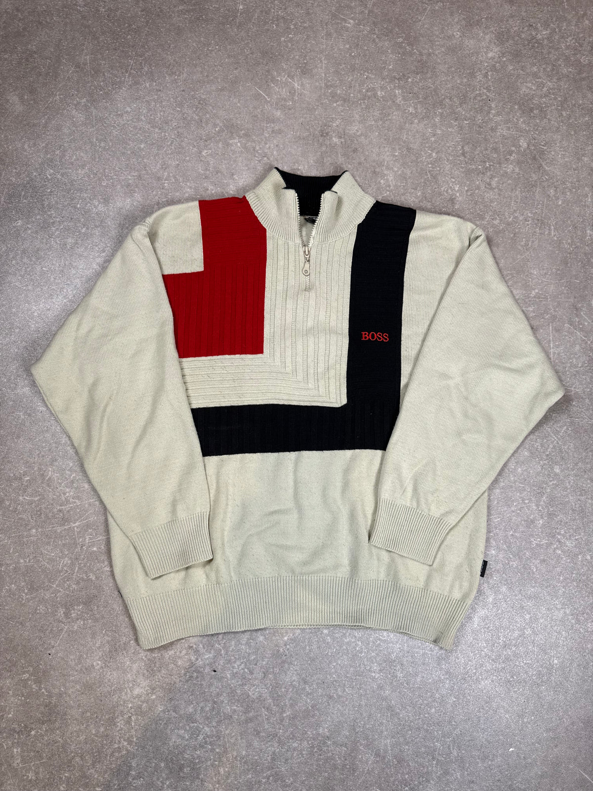 Vintage HUGO BOSS Herren Strickpullover Gr. M Colourblock Half Zip 90s
