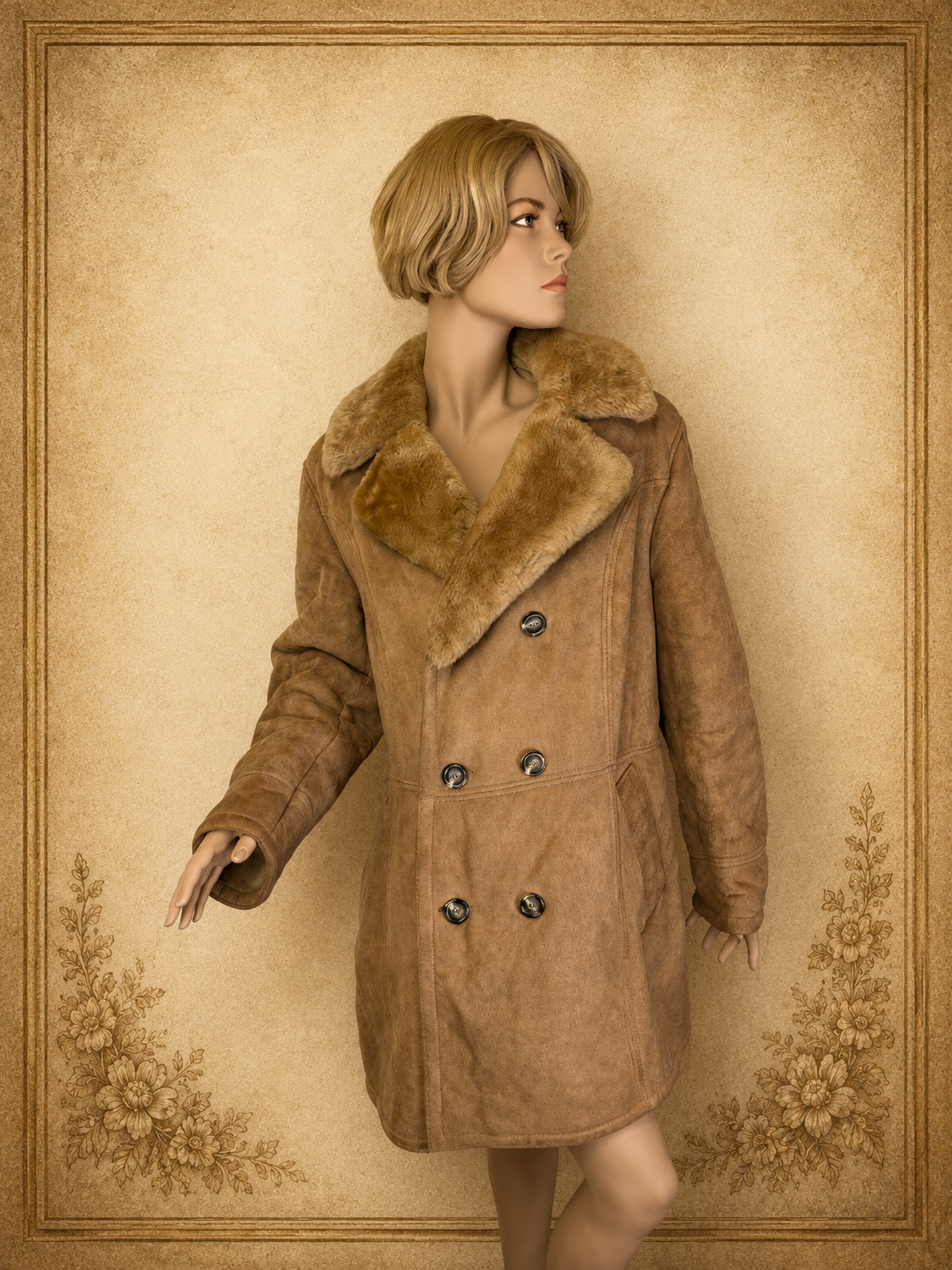 Vintage Lammfellmantel Echtfell Shearling Beige Zweireihig