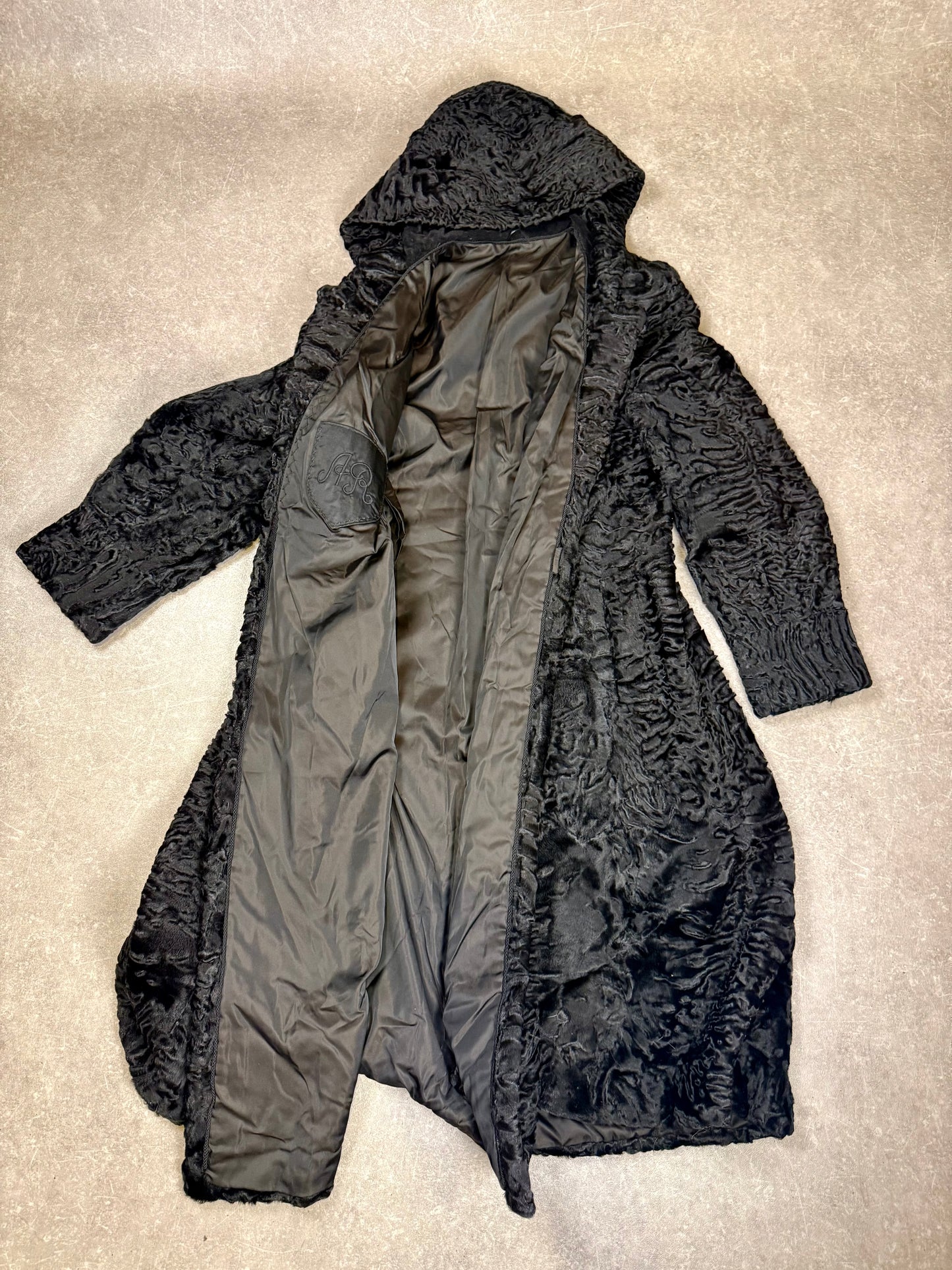 Vintage Persianer Pelzmantel Karakul Lammfell Schwarz Kapuze Damen Echtpelz L