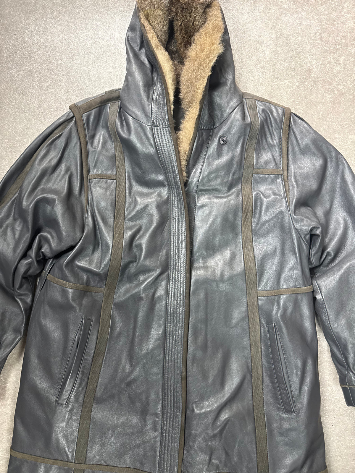 Vintage Leder Mantel 44 Schwarz Echtleder Fellkragen Wintermantel Lang Mantel