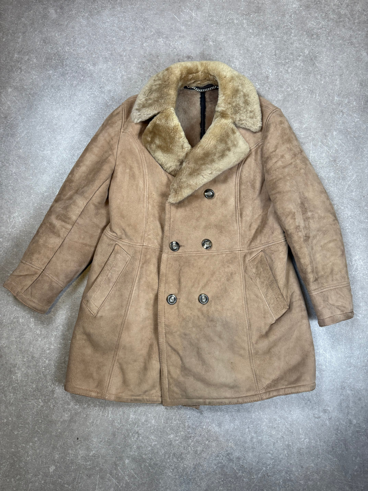 Vintage Lammfellmantel Echtfell Shearling Beige Zweireihig